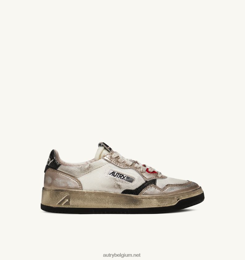 6ZFBPZ199 super vintage lage sneakers in mesh en suède wit en oro Autry vrouwen