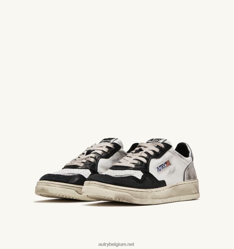 6ZFBPZ201 super vintage lage sneakers in leer wit zwart en zilver Autry vrouwen