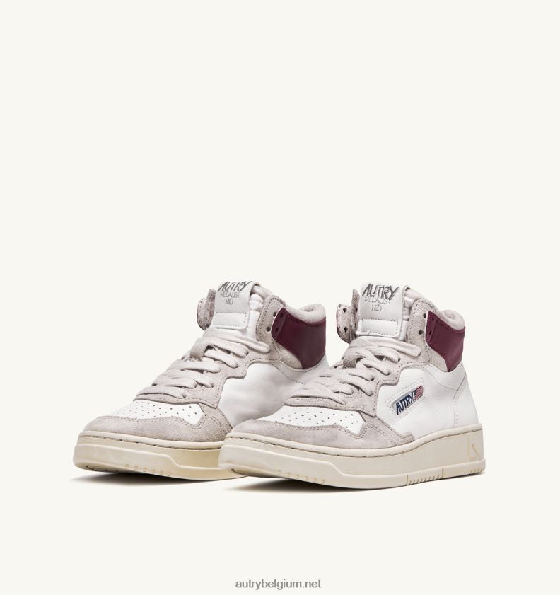 6ZFBPZ233 halfhoge sneakers voor medaillewinnaars in wit en bordeauxrood geitenleer en suède Autry vrouwen