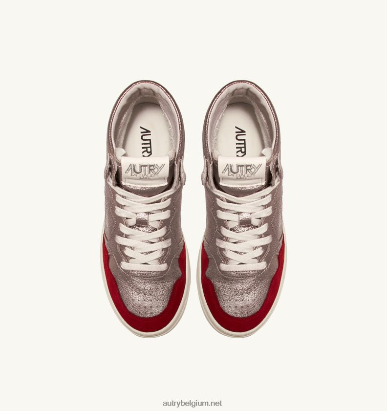 6ZFBPZ234 medaillewinnaar halfhoge sneakers in koperbruin en rood leer en suède Autry vrouwen