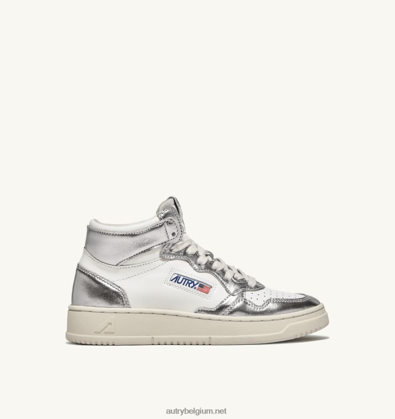 6ZFBPZ238 tweekleurige halfhoge sneakers voor medaillewinnaars in leer wit en zilver Autry vrouwen