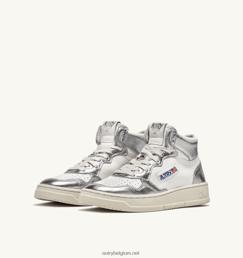 6ZFBPZ238 tweekleurige halfhoge sneakers voor medaillewinnaars in leer wit en zilver Autry vrouwen
