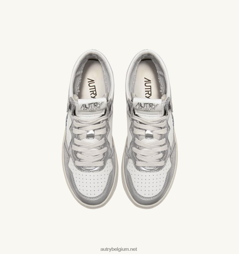 6ZFBPZ238 tweekleurige halfhoge sneakers voor medaillewinnaars in leer wit en zilver Autry vrouwen