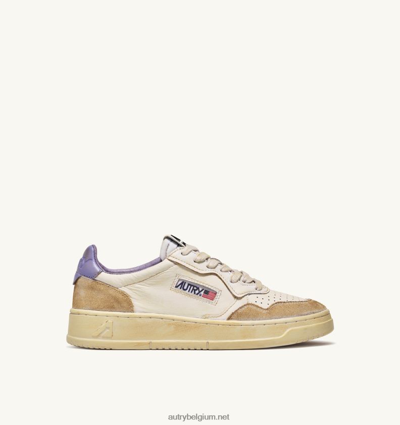 6ZFBPZ267 super vintage lage sneakers in leer met vergelend effect wit en lavendel Autry vrouwen